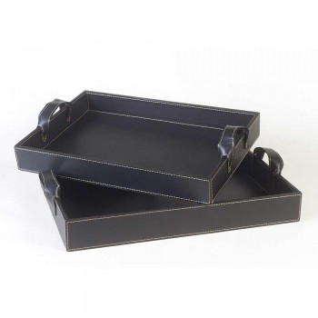 2 Design-Tabletts aus schwarzem Leder 41x28x5cm und 45x32x6cm Anastasia