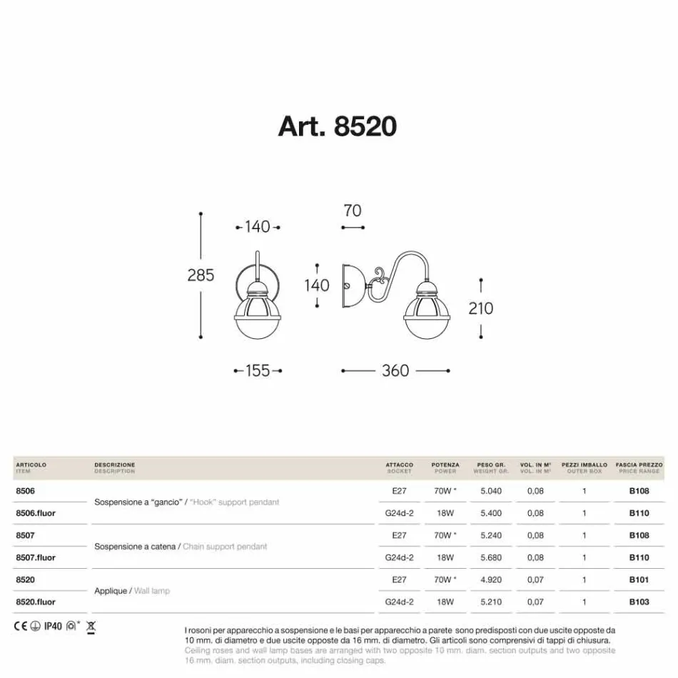 Wandabdichtungen antiken Messing und mundgeblasenem Glas Viadurini