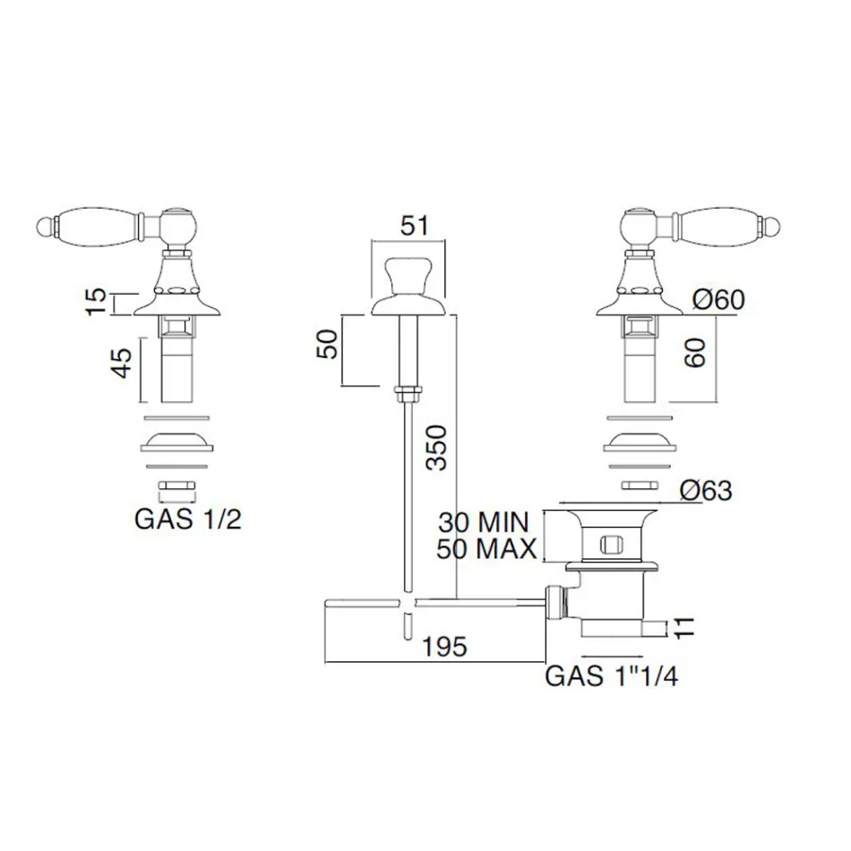 3-Loch-Bidetmischer mit interner Messinglieferung, hergestellt in Italien – Noriana Viadurini