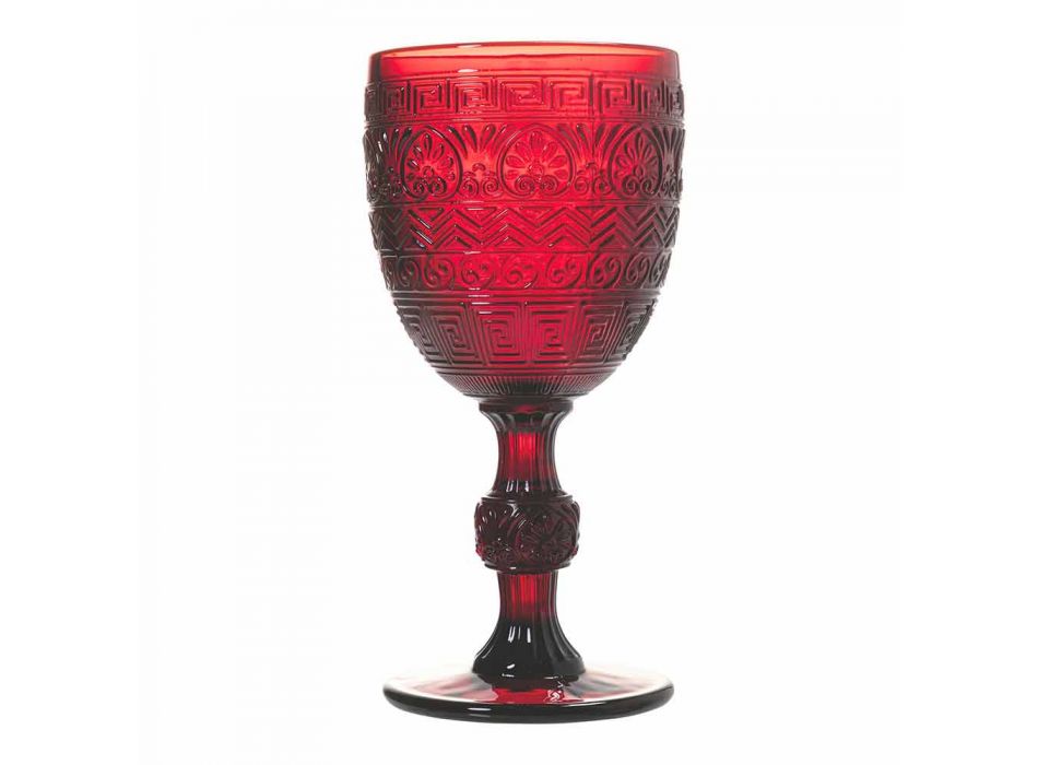Wasser- oder Weinkelchgläser aus farbigem Glas und geprägten Dekorationen - Folk Viadurini