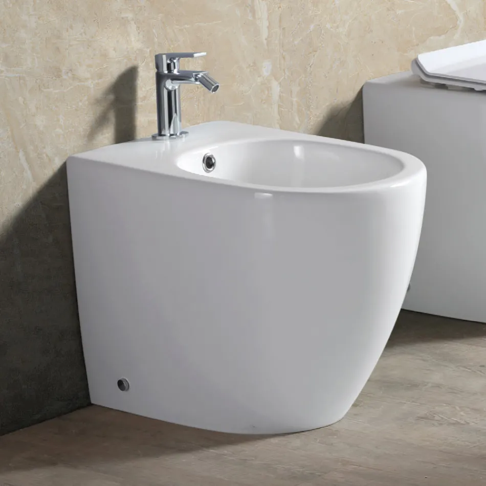 Aster Standbidet mit einem Hahnloch aus strapazierfähiger weißer Keramik in modernem Design Viadurini