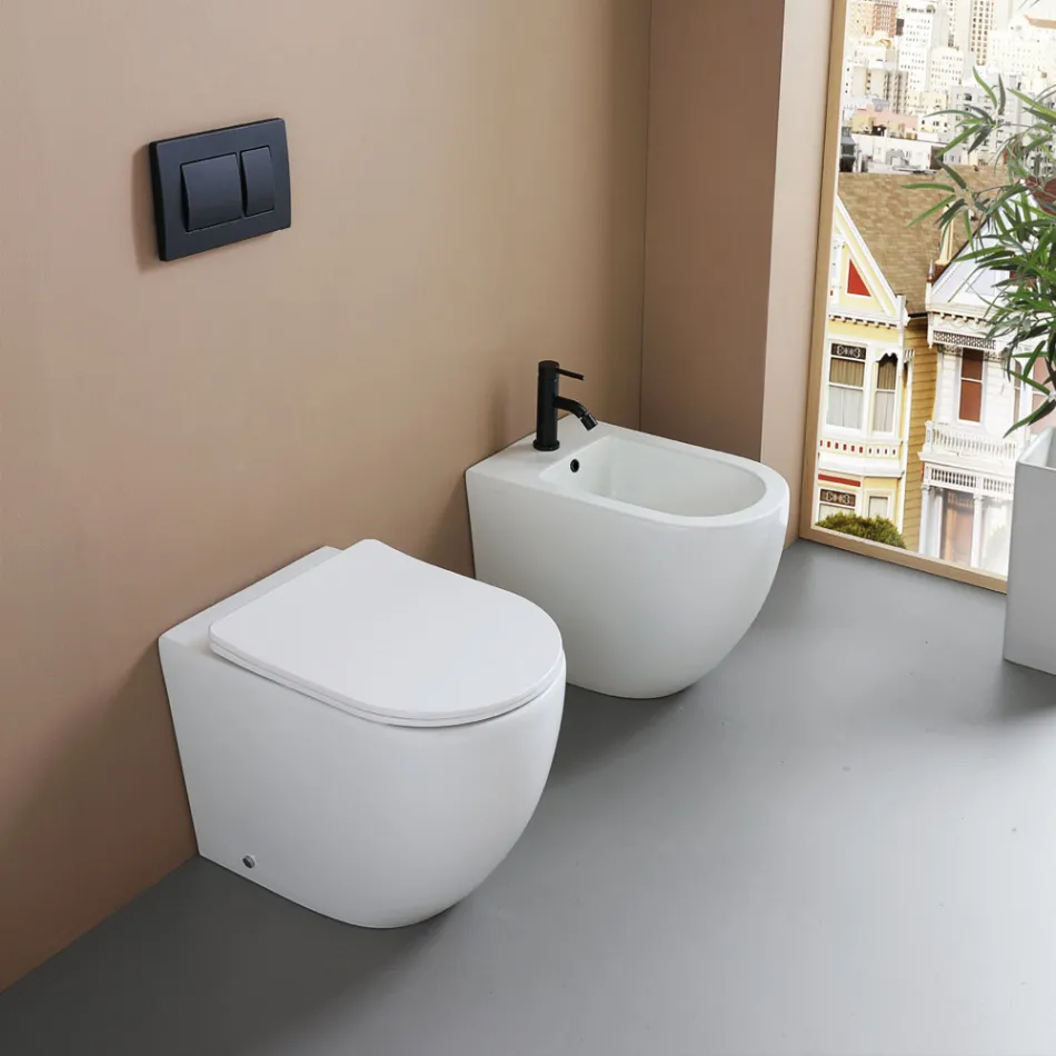 Bodenmontiertes Einloch-Bidet aus strapazierfähiger, weißer Keramik in modernem Design – Olmo Viadurini