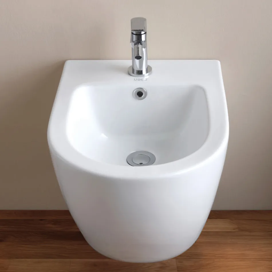 Wandhängendes Bidet mit einem Hahnloch aus weißer Keramik in modernem Design – Ginepro Viadurini