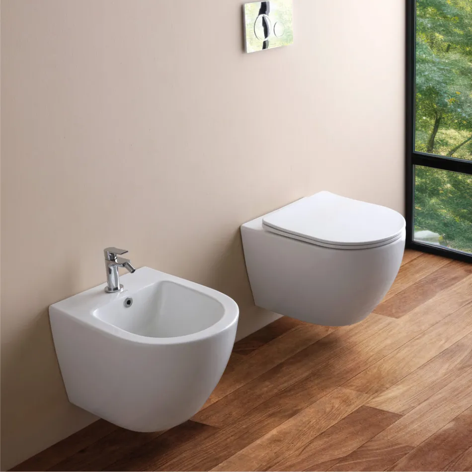 Wandhängendes Bidet mit einem Hahnloch aus weißer Keramik in modernem Design – Ginepro Viadurini
