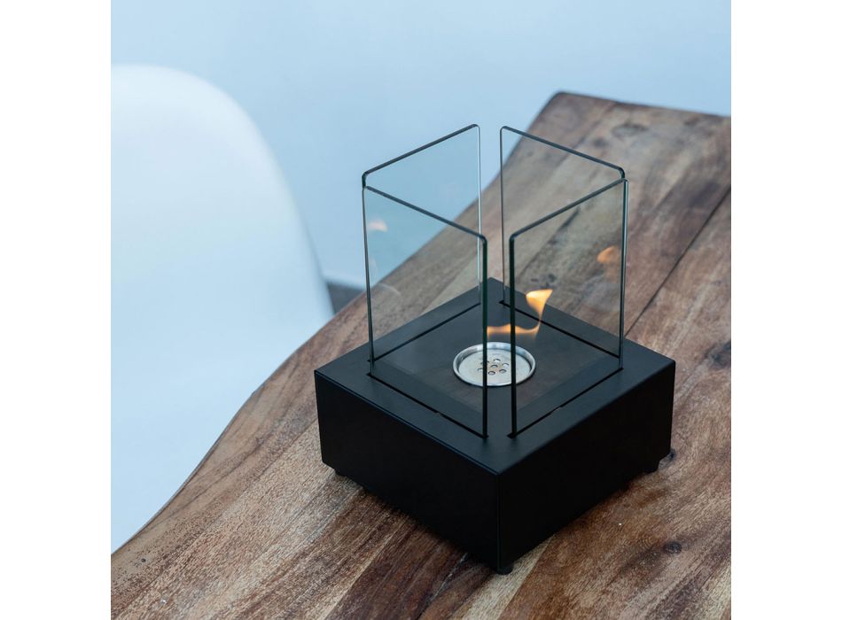 Bio-Tischkamin aus gehärtetem Glas mit Sockel aus schwarzem Metall - Coriano Viadurini