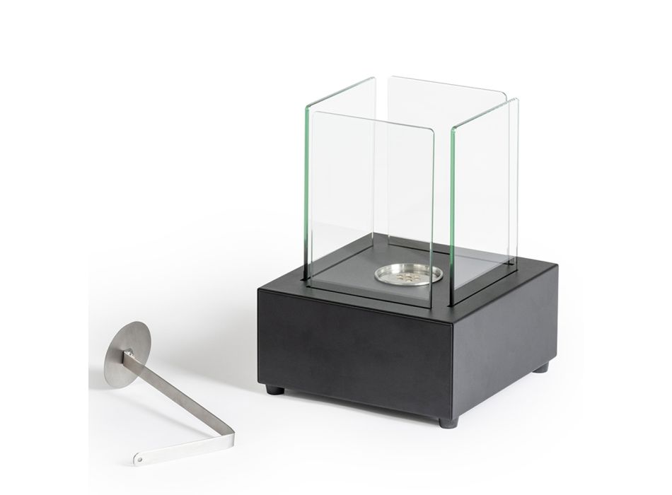 Bio-Tischkamin aus gehärtetem Glas mit Sockel aus schwarzem Metall - Coriano Viadurini