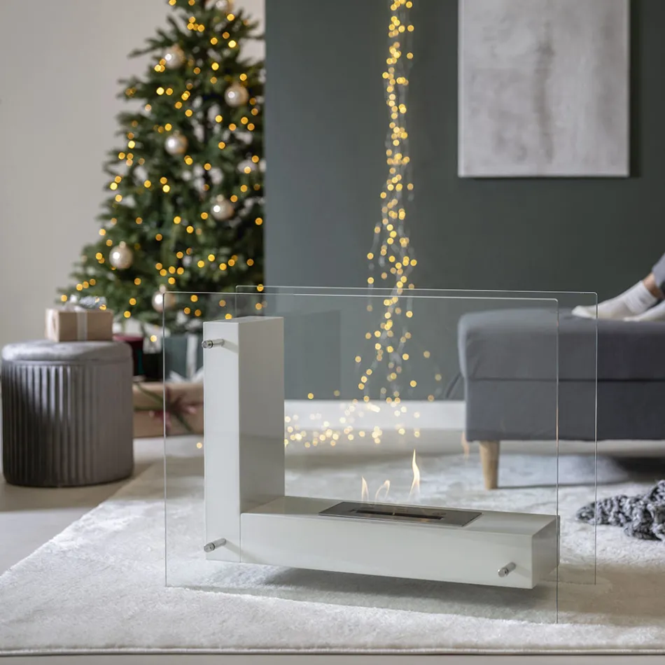 Boden-Biokamin mit doppelseitiger Struktur aus Glas und Metall - Planeto Viadurini
