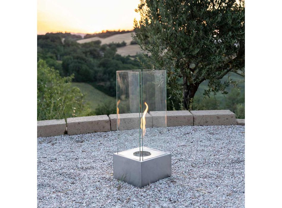 Bioethanol-Bodenkamin aus gehärtetem Glas mit Metallsockel - Ziggy Viadurini