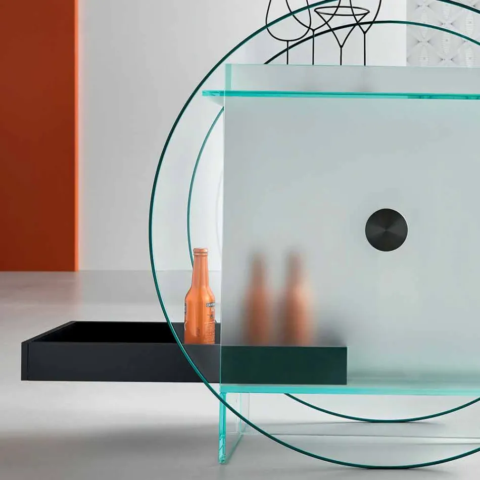 Barwagen aus extra klarem Glas mit Rollen und herausziehbarem Tablett - Pigolo Viadurini