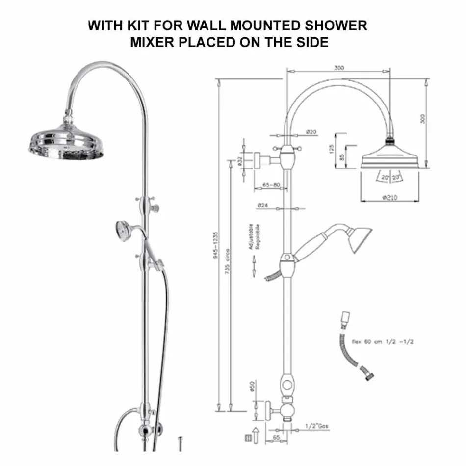 Messing-Duschsäule mit rundem Duschkopf und Handbrause Made in Italy - Brillo Viadurini