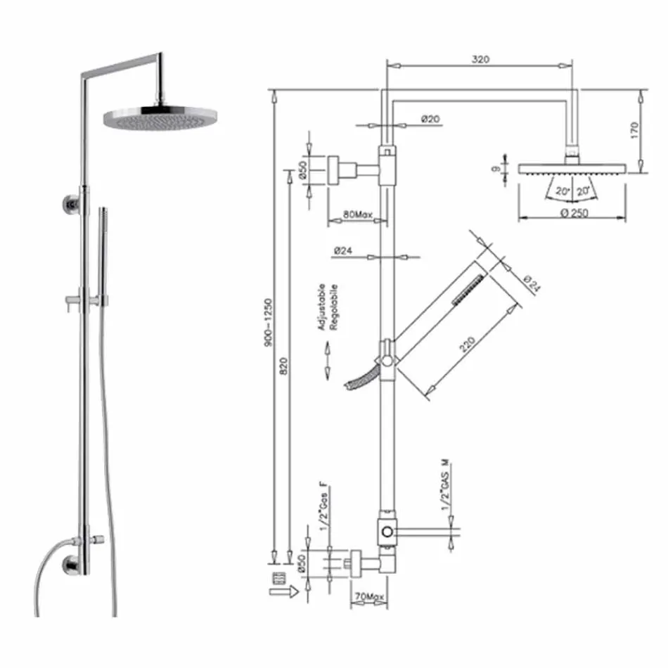 Duschsäule aus verchromtem Messing mit Bauchmuskel-Handbrause made in Italy - Selvio Viadurini