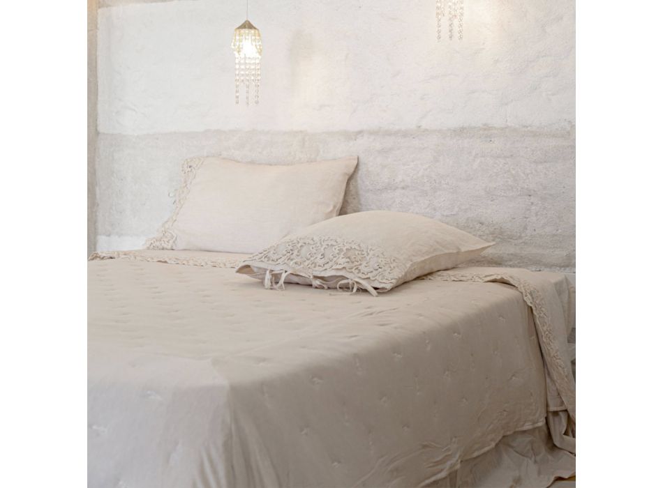 Bettwäscheset für Doppelbett aus hellem Leinen und Farnese-Spitze - Arnesino Viadurini
