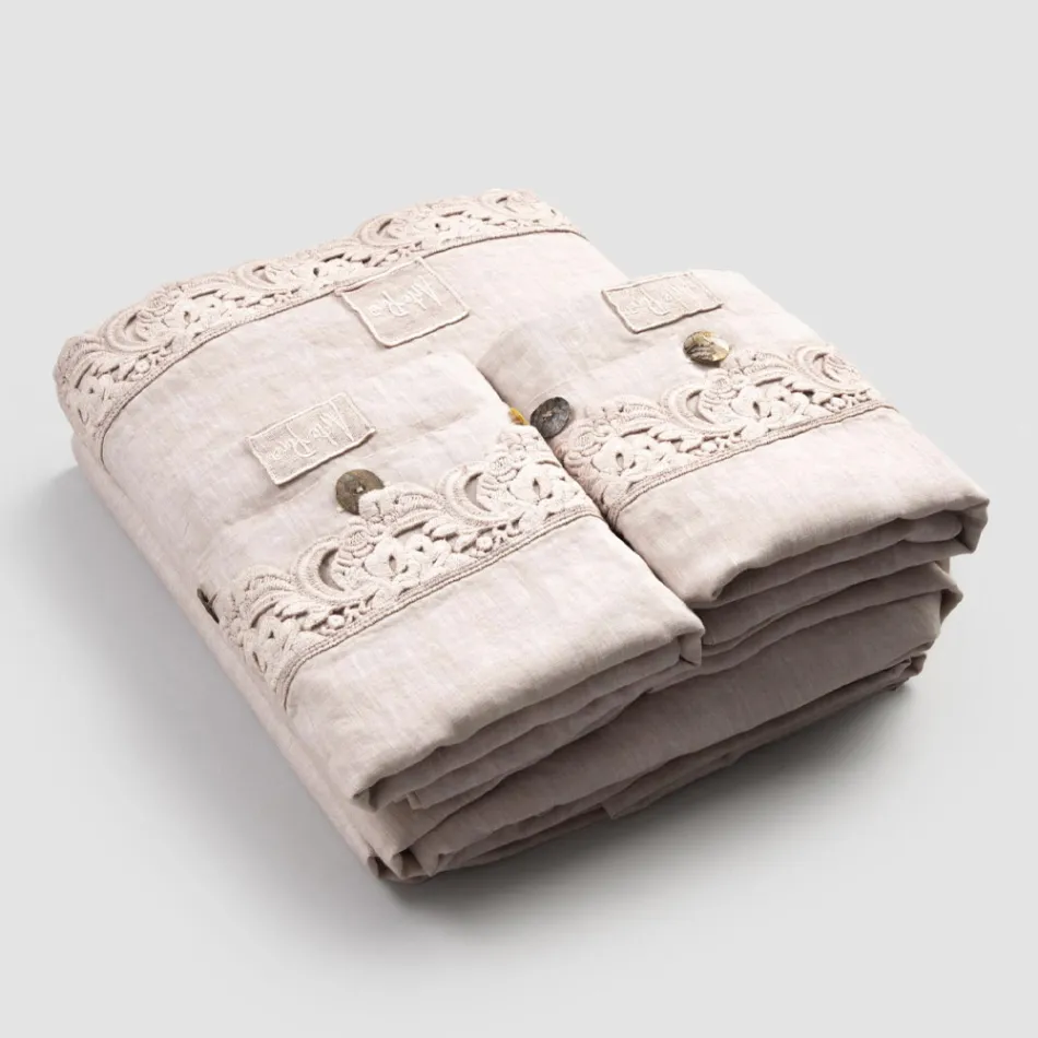 Doppelbettlaken-Set aus hellem Leinen und Armonia-Spitze, 2 Farben – Dettox Viadurini