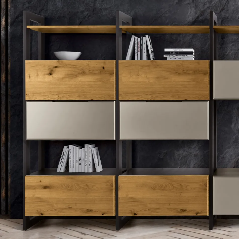 Wandkomposition aus MDF und eichenbeschichteter Tischlerplatte, hergestellt in Italien – Marit Viadurini