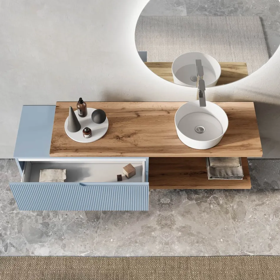 Badezimmerkomposition in Tiffany-Blau und Eiche mit Spiegel, hergestellt in Italien – Ermes Viadurini