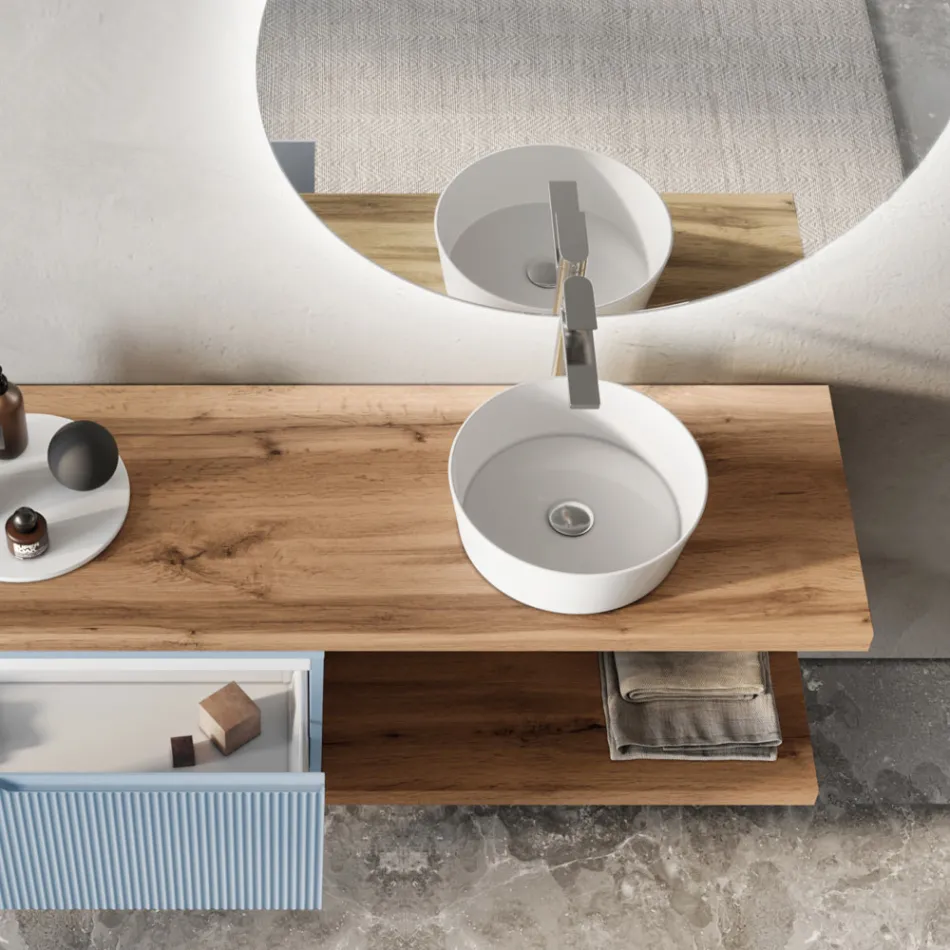 Badezimmerkomposition in Tiffany-Blau und Eiche mit Spiegel, hergestellt in Italien – Ermes Viadurini