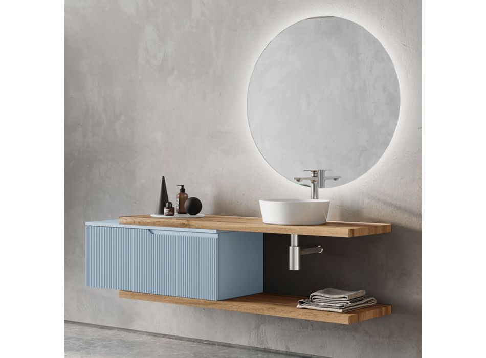 Badezimmerkomposition in Tiffany-Blau und Eiche mit Spiegel, hergestellt in Italien – Ermes Viadurini