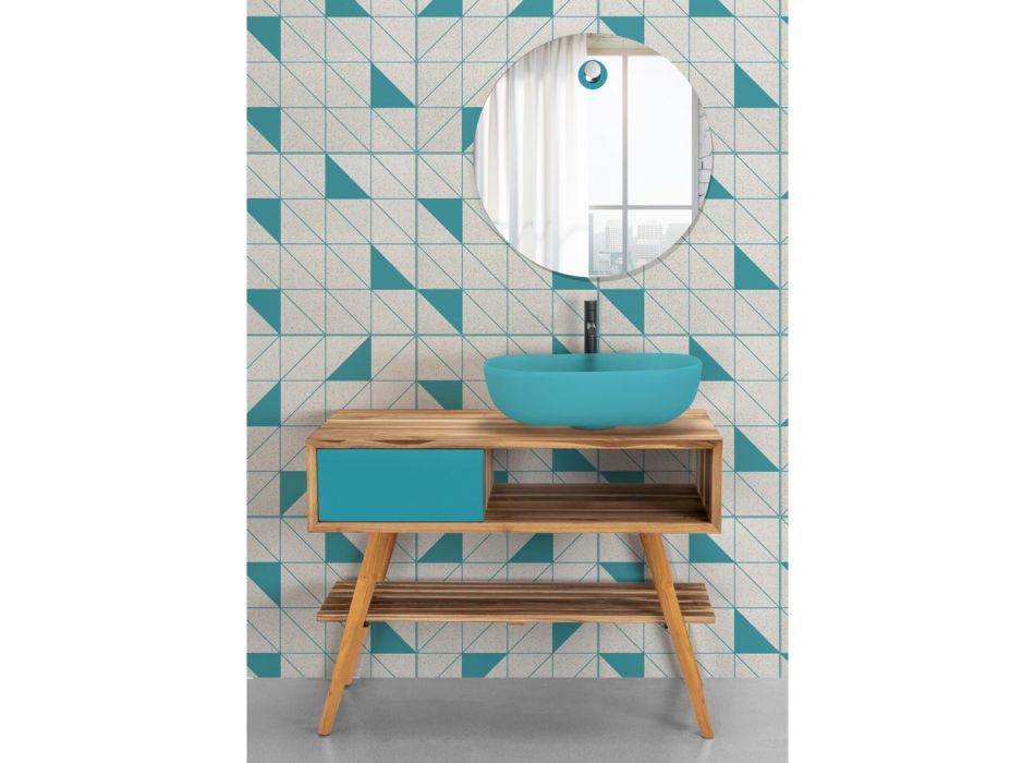 Blaue Badezimmerkomposition mit Teak-Bodenschrank und Zubehör - Sylviane Viadurini