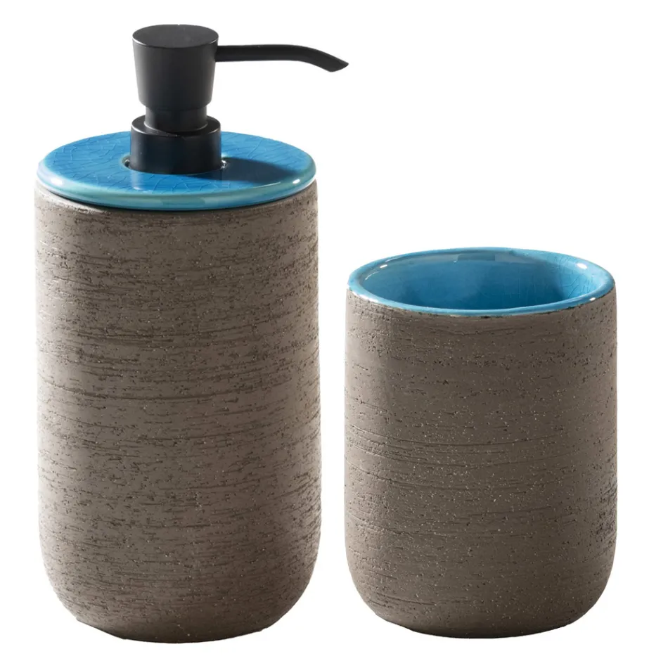 Blaue Badezimmerkomposition mit Teak-Bodenschrank und Zubehör - Sylviane Viadurini