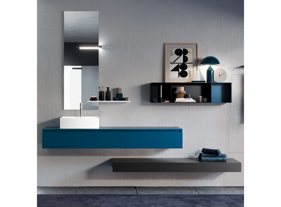 Badezimmerkomposition komplett mit Spiegel, Keramikwaschbecken, hergestellt in Italien – Palom Viadurini