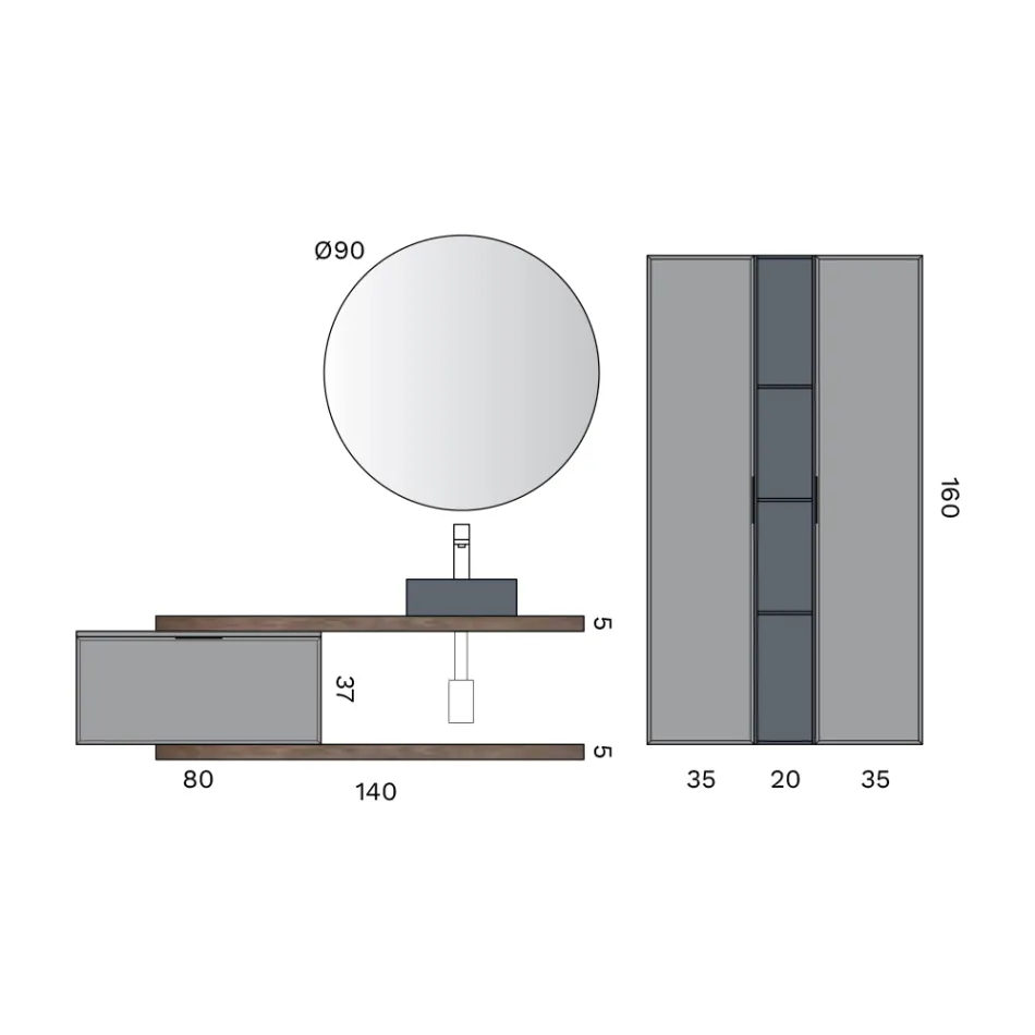 Badezimmer-Kombination bestehend aus 1 Unterschrank mit 1 Schublade, Waschbecken und 2 Säulen - Orione Viadurini