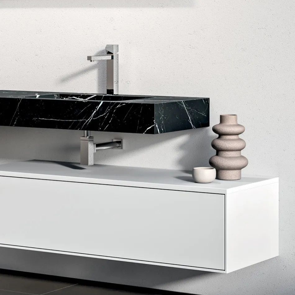 Badezimmer-Kombination mit 1 weißer Schublade, Spiegel und Marquina HPL-Regal - Velaria Viadurini