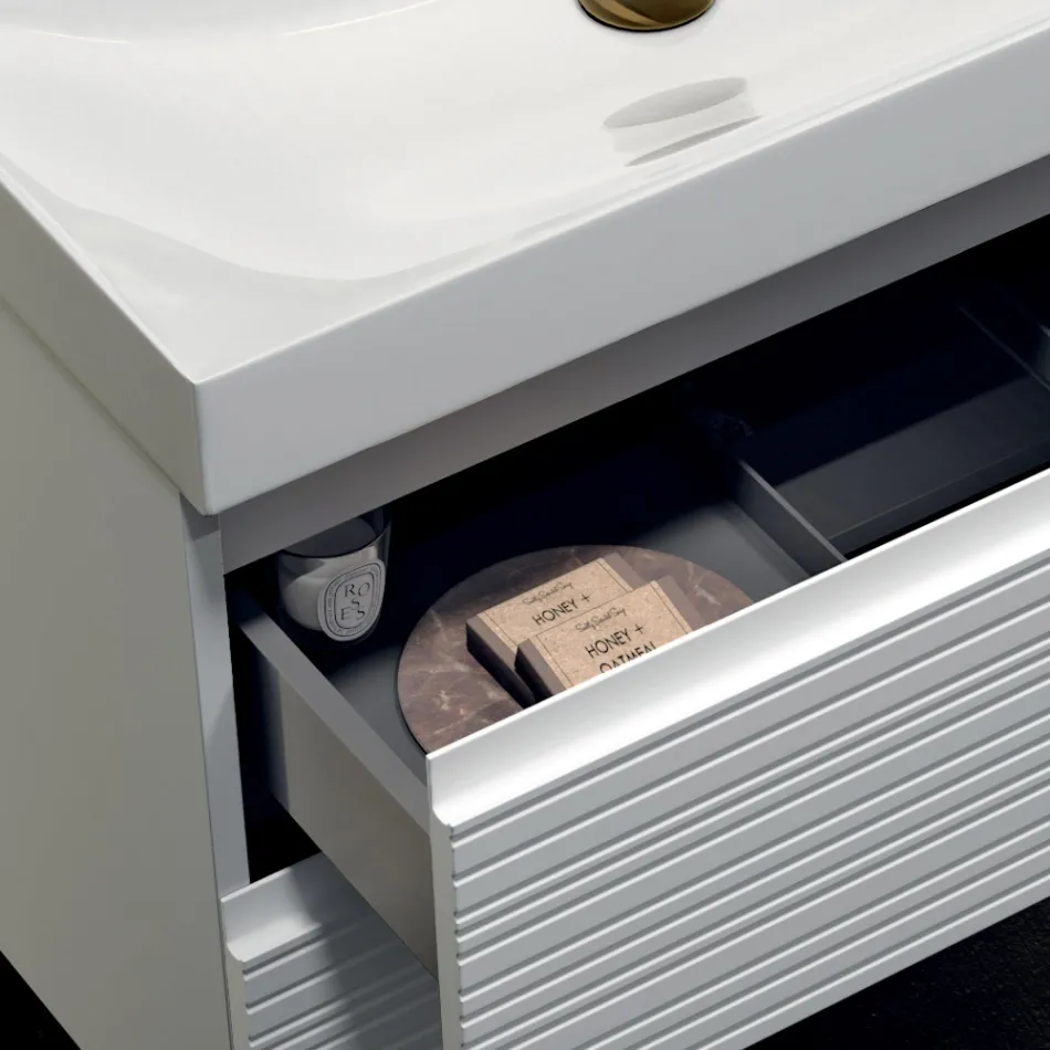 Badezimmer-Kombination mit 2 mattweißen Schubladen, Waschbecken und Spiegel - Elios Viadurini