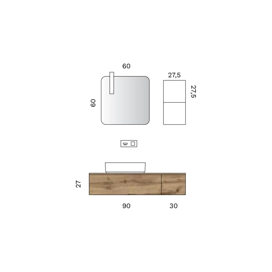 Badezimmerausstattung mit 2 Eichenschubladen, Keramikwaschbecken und Spiegel - Titan Viadurini
