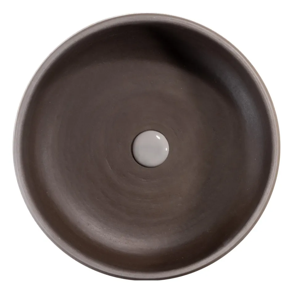 Graue Badezimmerkomposition mit rundem Spiegel und verschiedenen Accessoires - Maryse Viadurini