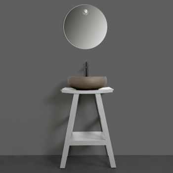 Graue Badezimmerkomposition mit rundem Spiegel und verschiedenen Accessoires - Maryse