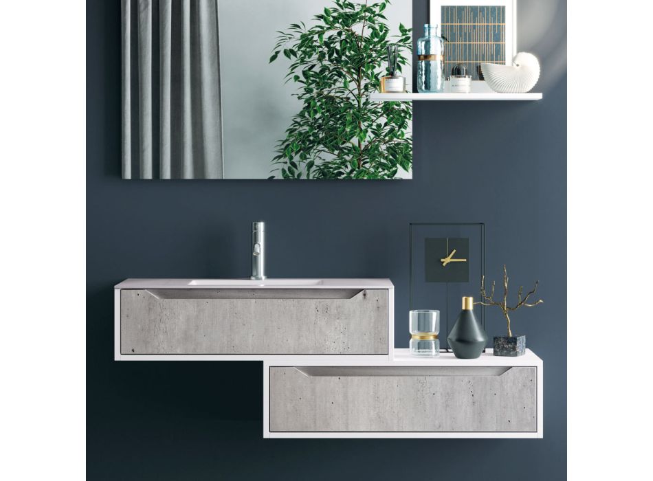 Hängende Badezimmerkomposition, Spiegel und Betonsockel, hergestellt in Italien – Polsen Viadurini