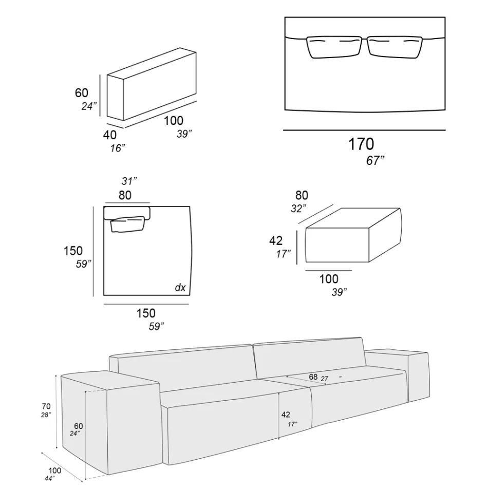 Zusammensetzung aus 1 Pouf mit Rückenlehne, 1 Pouf und 1 Halbinsel - Bizarre Viadurini