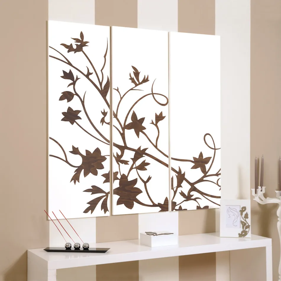 Komposition aus 3 Tafeln, die einen Zweig mit Blättern darstellen, hergestellt in Italien – Ashton Viadurini