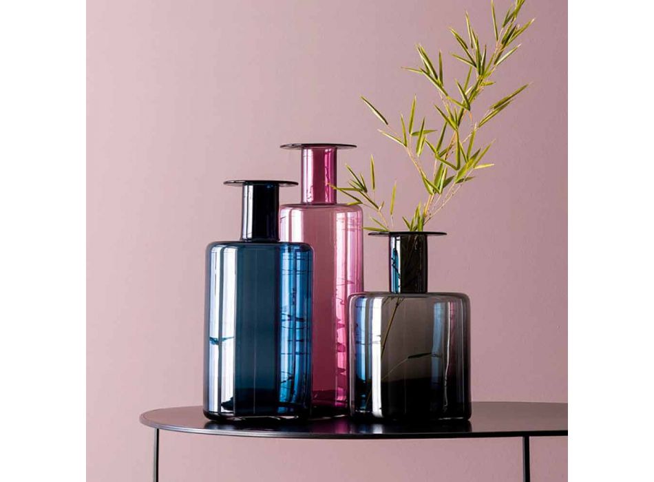 Zusammensetzung von 3 dekorativen Vasen aus Rauchglas, Blau und Amethystglas - Infinity Viadurini