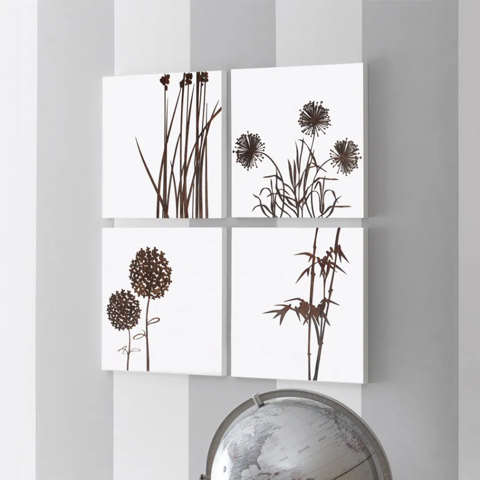 Zusammensetzung aus 4 Tafeln mit Hortensien, Allium und Thypha, hergestellt in Italien – Berechnung Viadurini