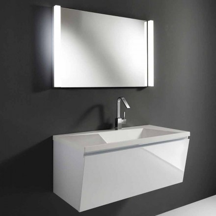 Weiße moderne Design-hängende Badezimmermöbel-Zusammensetzung mit Spiegel - Desideria Viadurini