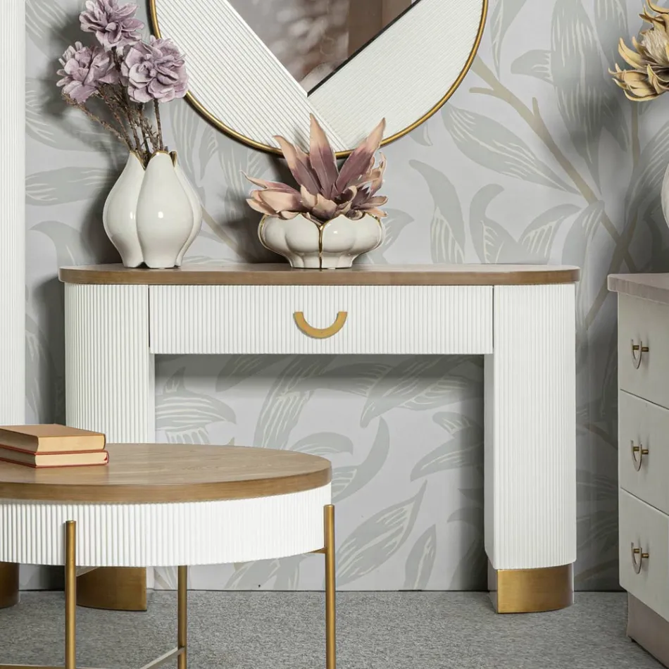 Holzkonsole mit Platte und Einsätzen mit abgerundetem Design und Schublade - Rachel Viadurini