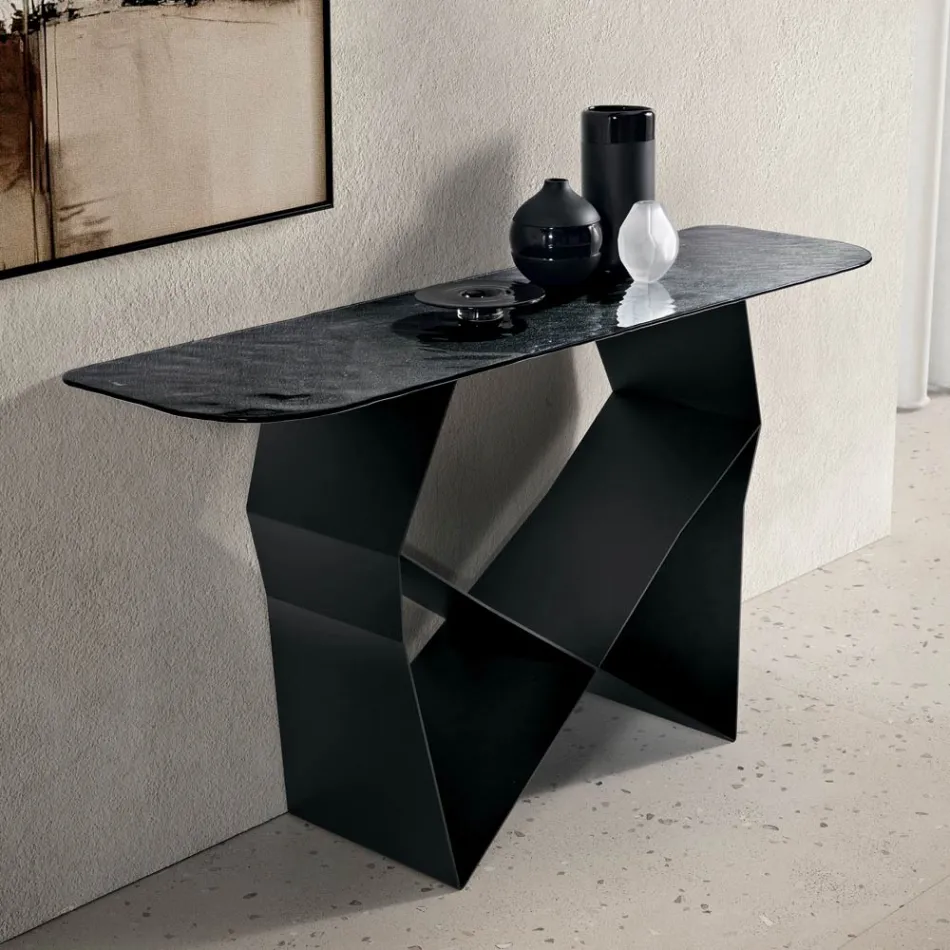 Konsolentisch aus Metall und gehämmertem Glas mit silberfarbener Rückseite - Concordia Viadurini