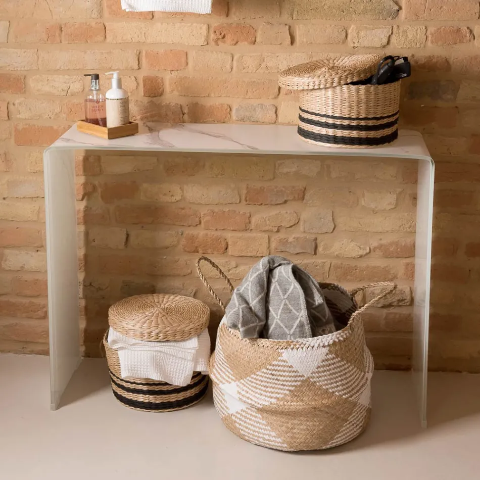 Konsolentisch aus 10 mm starkem, gehärtetem, gebogenem Glas mit Marmoroptik – Agordo Viadurini