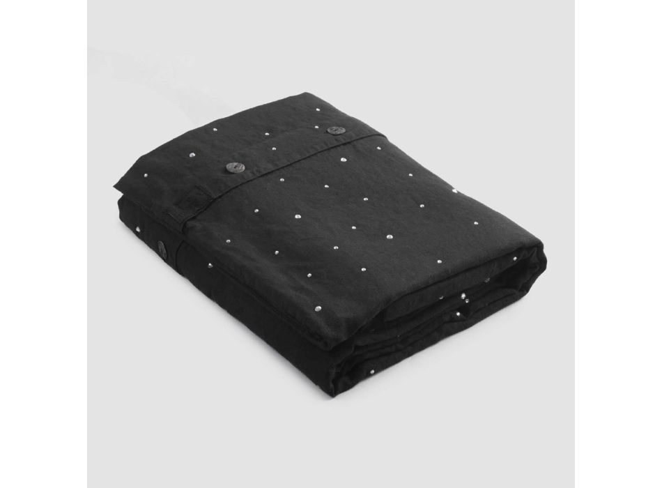 Schwarzer Leinen-Bettbezug mit Kristallen für Luxus-Doppelbett – Damante Viadurini