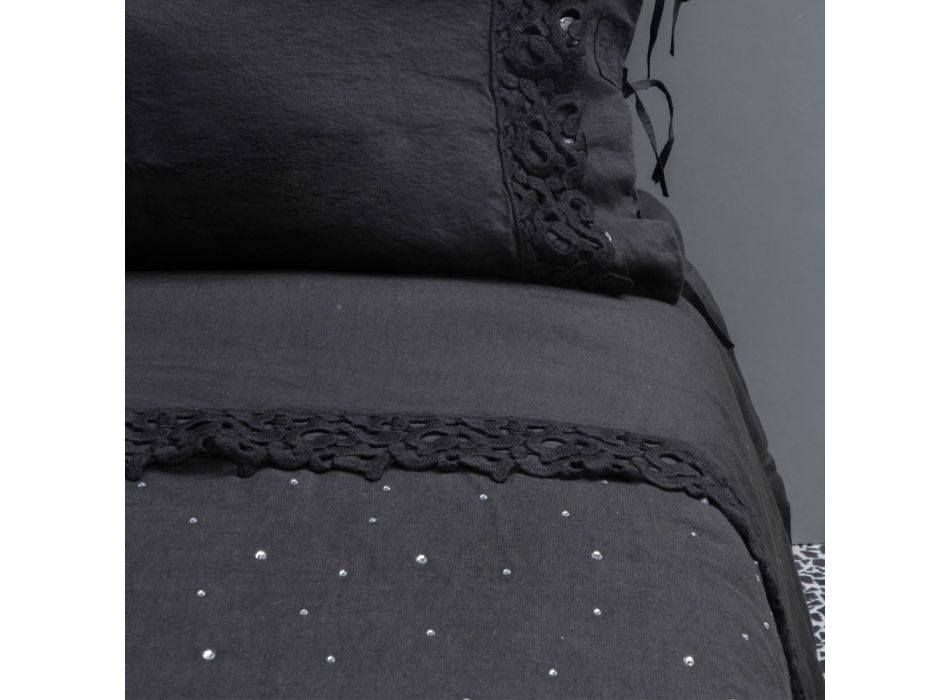 Bettbezug aus schwarzem Leinen mit Kristallen Luxus Doppelbett - Damante