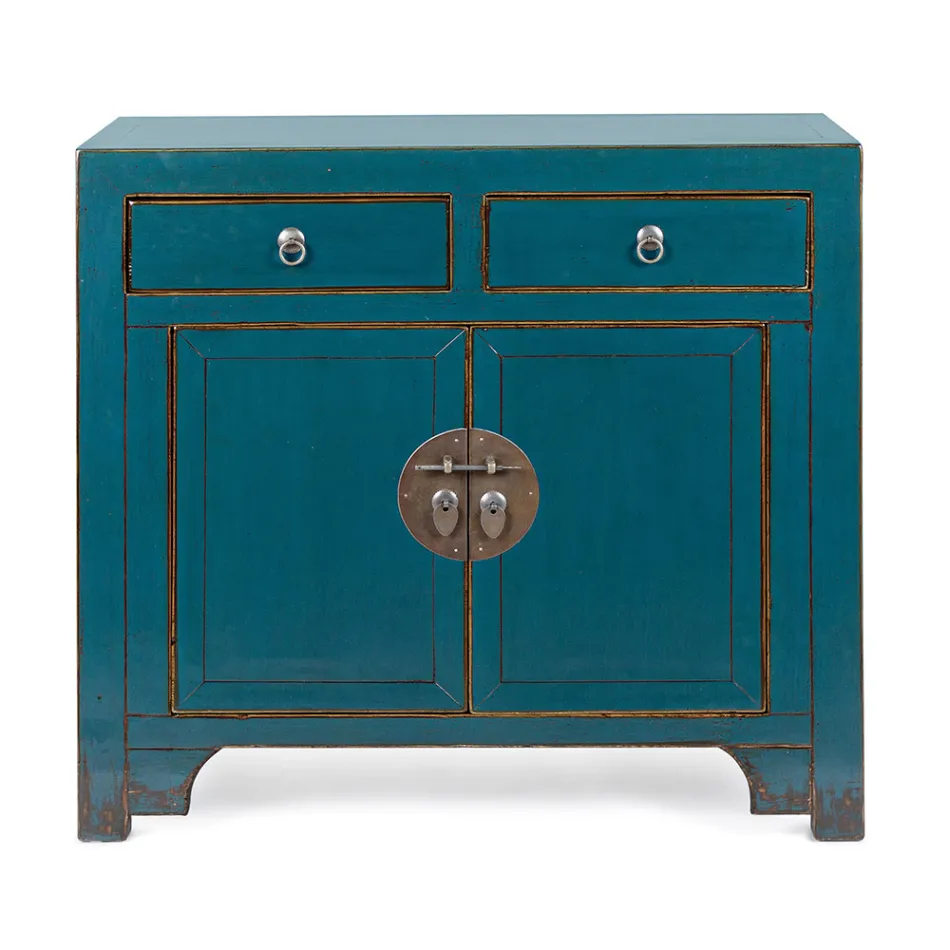 Niedriges Sideboard mit 2 Türen und 2 Schubladen aus blauem Ulmenholz Homemotion - Konan Viadurini