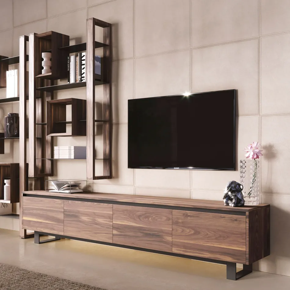 Niedriges Sideboard aus Holz mit Metallgestell Made in Italy - Berta Viadurini