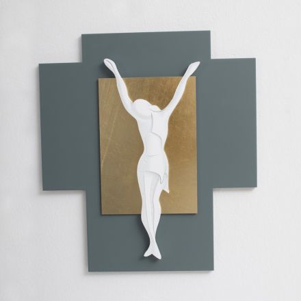 Lasergraviertes Kruzifix aus Kies und Blattgold, hergestellt in Italien – Cornelia Viadurini