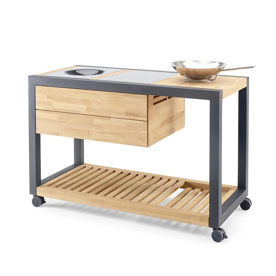 Outdoor-Küche 140x65x93 cm aus massivem Teakholz und Aluminium - Convivial Viadurini