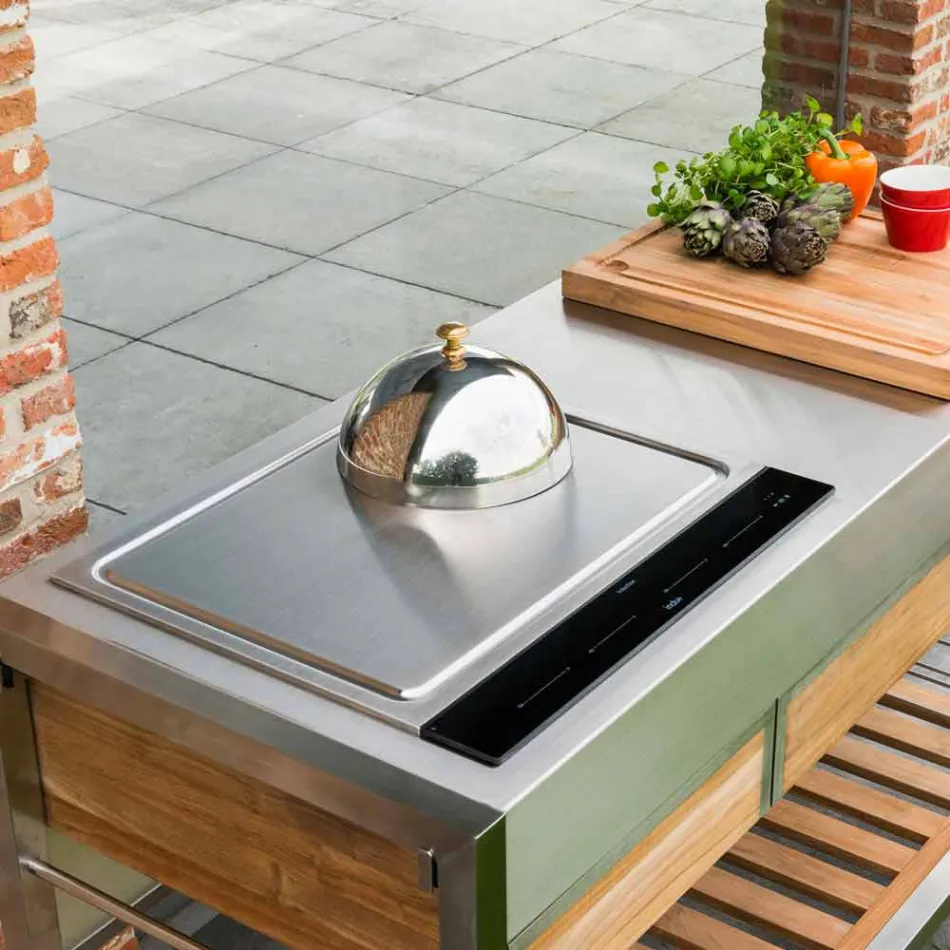 Moderne Gartenküche im Freien auf Holz- und Stahlrädern - Buoncalliope Viadurini