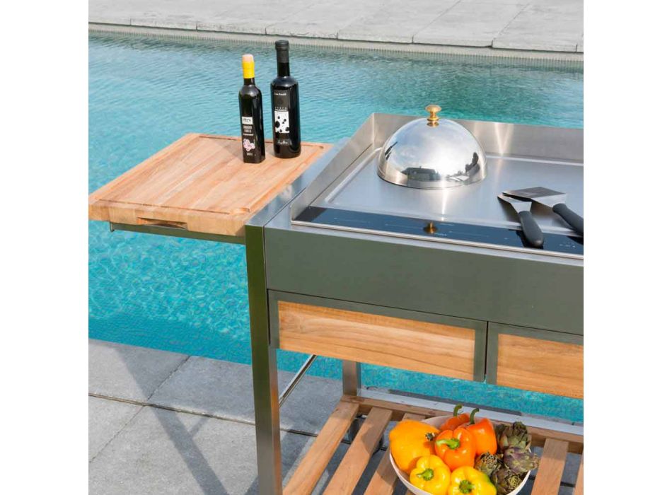 Moderne Gartenküche im Freien auf Holz- und Stahlrädern - Buoncalliope Viadurini