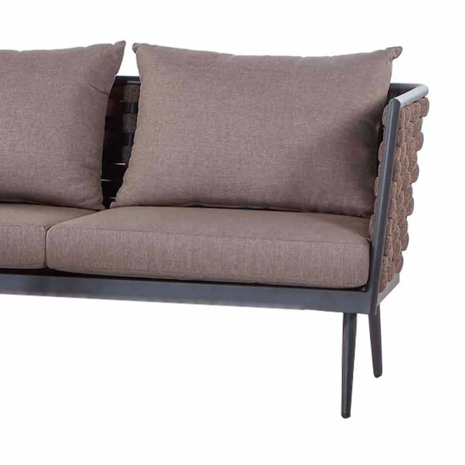 3-Sitzer-Gartensofa aus Aluminium und Seil mit Stoffkissen - Rasti Viadurini