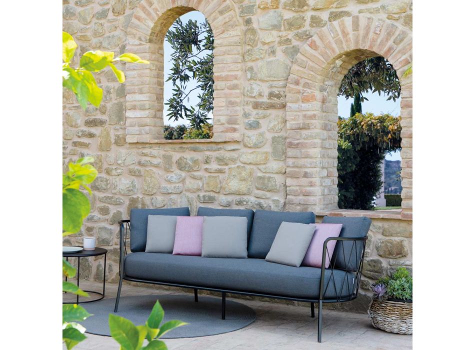 3-Sitzer-Gartensofa mit Kissen aus Stahl, hergestellt in Italien – Brienne Viadurini