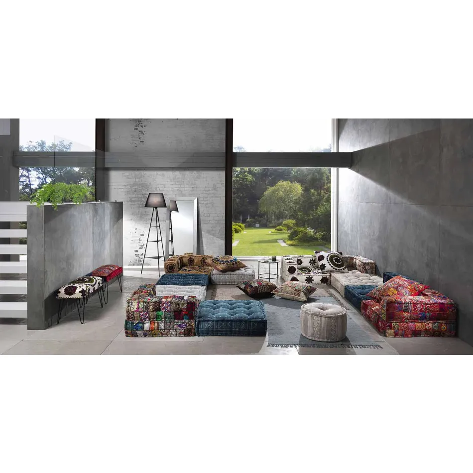 Zweisitzer-Sofa, bezogen mit Ethno-Design. Farbiger Stoff - Faser Viadurini